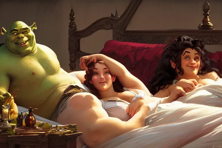 Prompt: pushkin and shrek lying in bed together, portrait, highly detailed, digital painting, artstation, concept art, smooth, sharp focus, illustration, cinematic lighting, art by artgerm and greg rutkowski and alphonse mucha