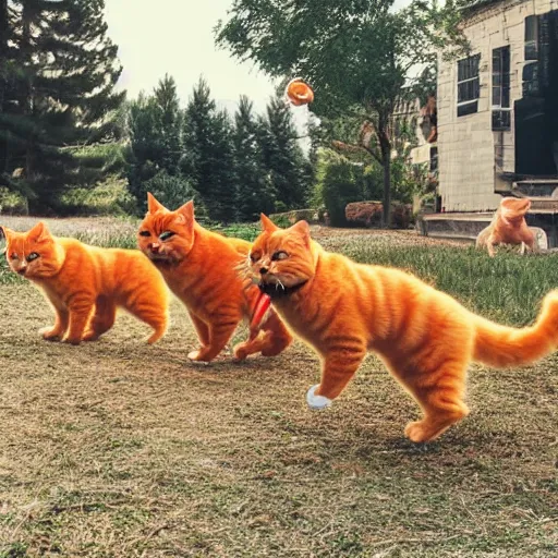 Prompt: a giant fat orange cat chasing and scaring a group of small dogs