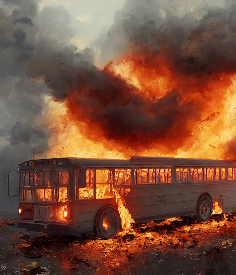 Image similar to a beautiful hyperrealistic detailed 3D render of a burning school bus, by Anton Otto Fischer, Atey Ghailan, genzoman, unreal engine, octane render, gigantic, 3D, brilliantly coloured, intricate, ultra wide angle, trending on artstation, embers, smoke, dust, dusk, volumetric lighting, HDR, polished, micro details, ray tracing, 8k