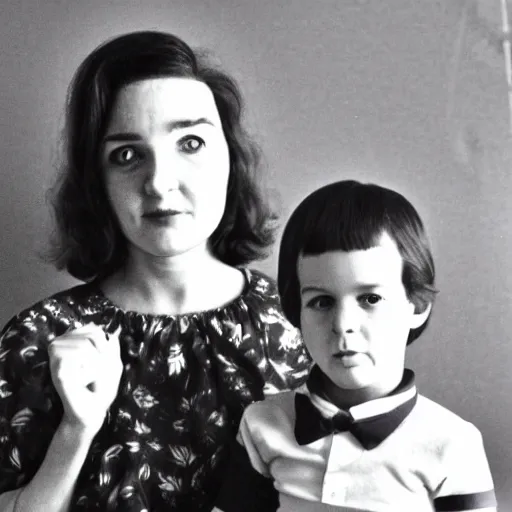 Image similar to a vintage 1 9 7 0 s photograph of a mother and her son posing in fancy dress. this is a professional photograph taken in a photographer's studio.