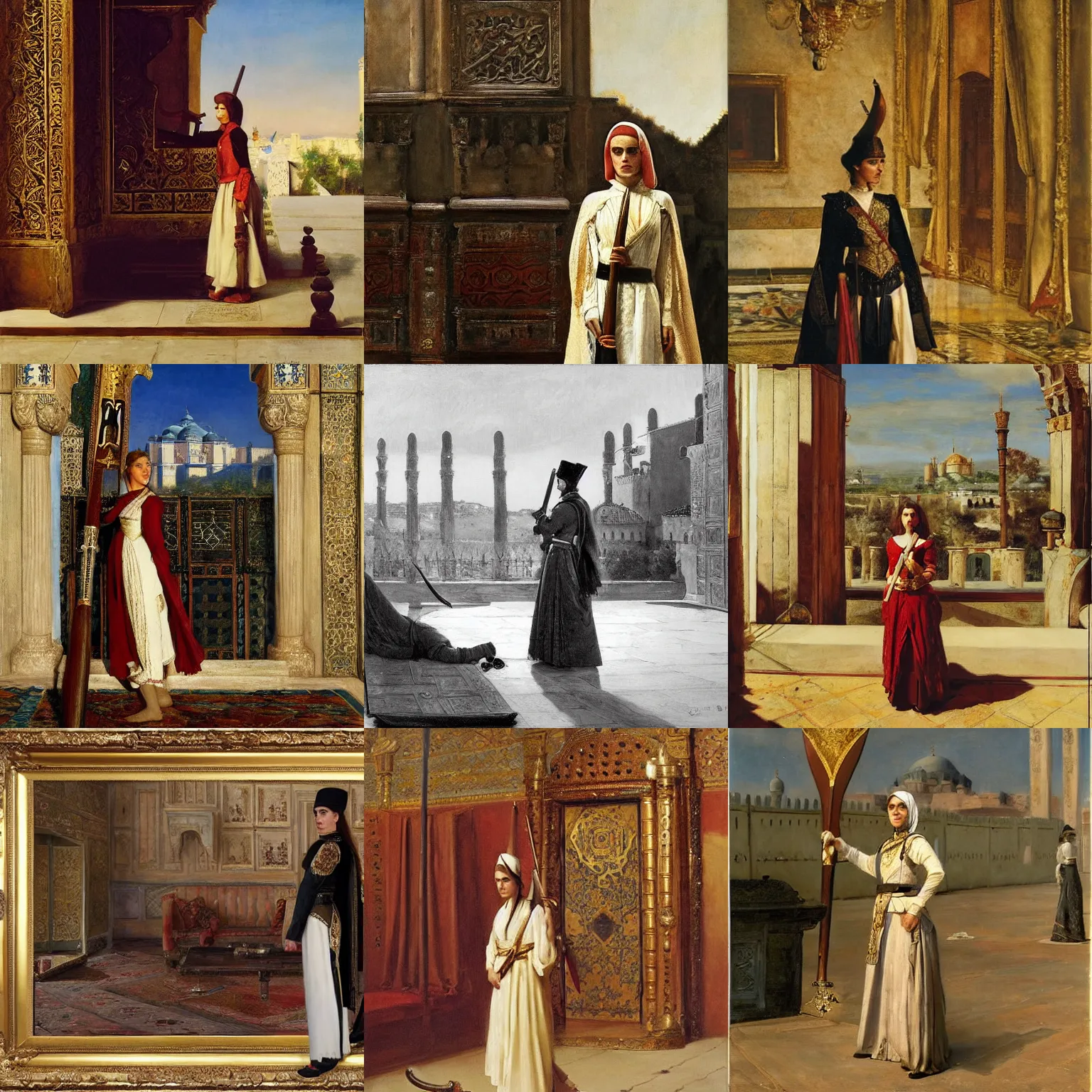 Prompt: emma watson standing guard at the ottoman palace with a scimitar by rudolf ernst, john frederick lewis, jean - leon gerome, rudolf weisse, david roberts, charles theodore frere, alfred dehodencq, orientalism