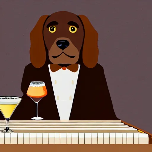 Image similar to a brown spaniel with a white chest playing a piano, Martini on the side. Artwork adult swim style, no text