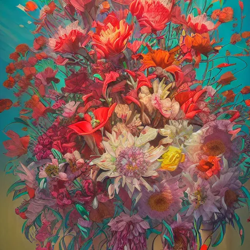 Image similar to a bouquet of flowers, flowers with very long petals,stark sunlight, hard light and long shadows, neon glowing, vivid, detailed painting, by James Jean and Ross Tran, masterpiece, award winning painting