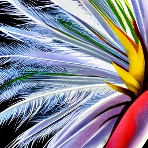 Image similar to closeup photo a bird of paradise, covered in feathers. extremely large wings. extreme detail, hyperrealistic photo, gloomy