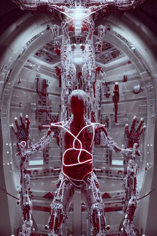 Prompt: jesus space station interior white cross cross inflateble shapes wires tubes veins wires tubes veins jellyfish white biomechanical details a statue jesus on cross made of red marble hands nailed to a cross perfect symmetrical full shot, wearing epic bionic cyborg implants masterpiece, intricate biopunk highly detailed artstation concept art cyberpunk octane render