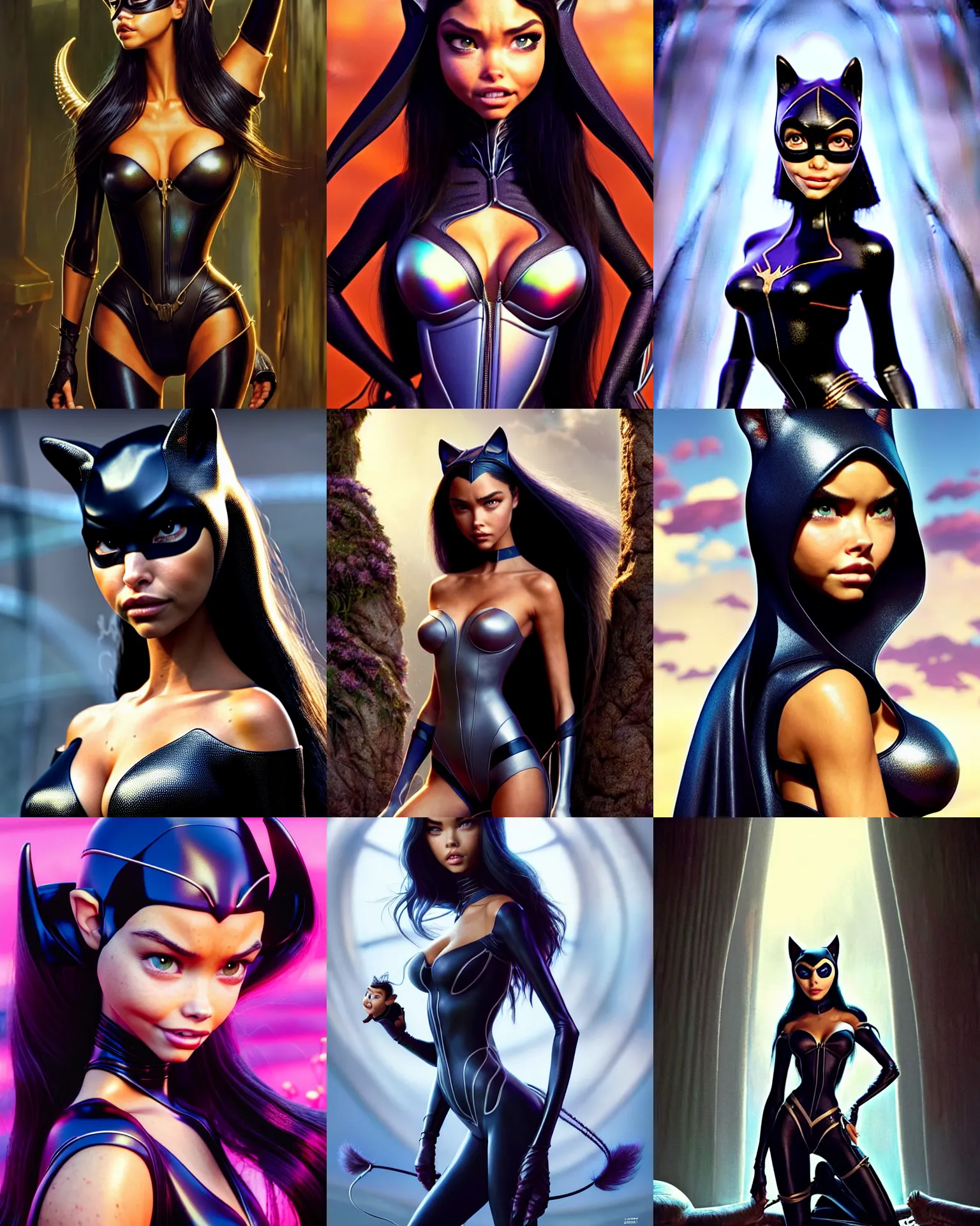 Prompt: weta disney pixar movie still portrait photo of madison beer, adriana lima : : as catwoman by pixar : : by weta, greg rutkowski, wlop, ilya kuvshinov, rossdraws, artgerm, marvel, maxim magazine cover, rave otufit, unreal engine, sweaty, iridescent, bright morning, anime, : :