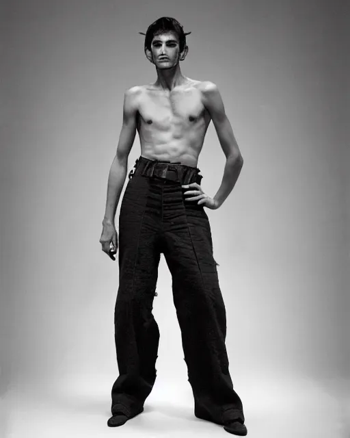 Prompt: an award - winning photo of an ancient male model wearing a plain boot cut flared distressed medieval designer menswear trousers designed by issey miyake, 4 k, studio lighting, wide angle lens, 2 0 0 4