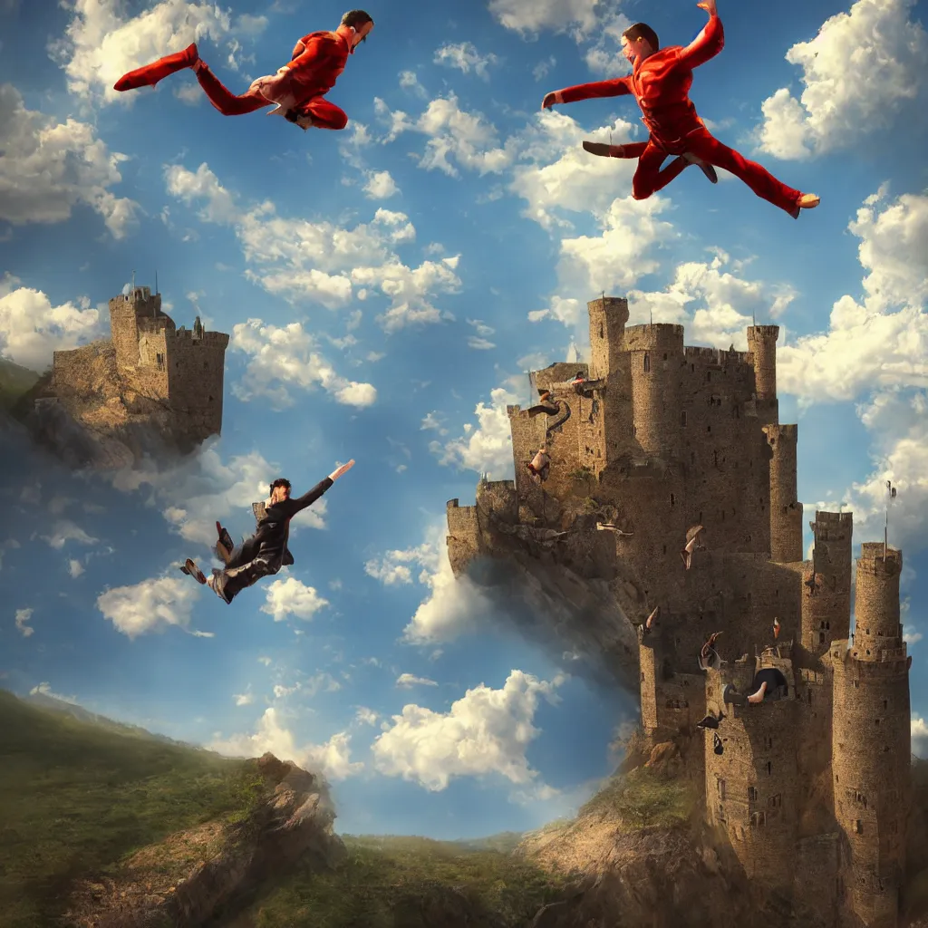 Prompt: full body of one man jumping from a castle in the air, digital art, 3 d