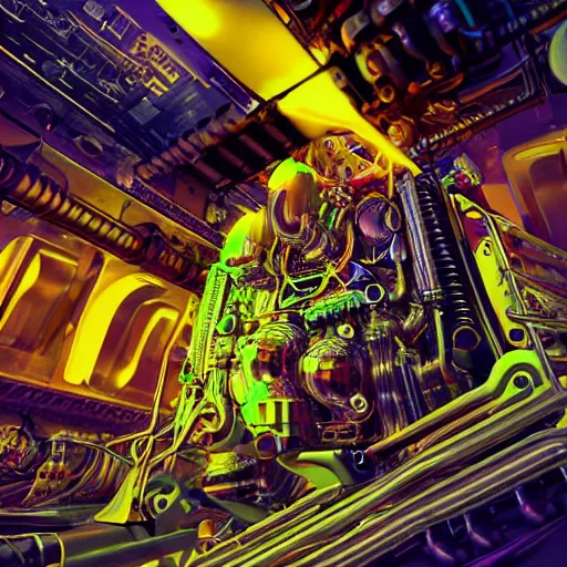 Image similar to album art, album is called tripmachine, photo of a huge futuristic dieselpunk engine inside a machinery, 8 k, fluorescent colors, halluzinogenic, multicolored, exaggerated detailed, front shot, 3 d render, octane