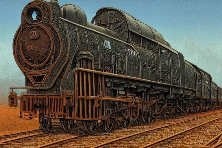 Prompt: intricate, 3 d, art deco, freight train, style by caspar david friedrich and wayne barlowe and ted nasmith.