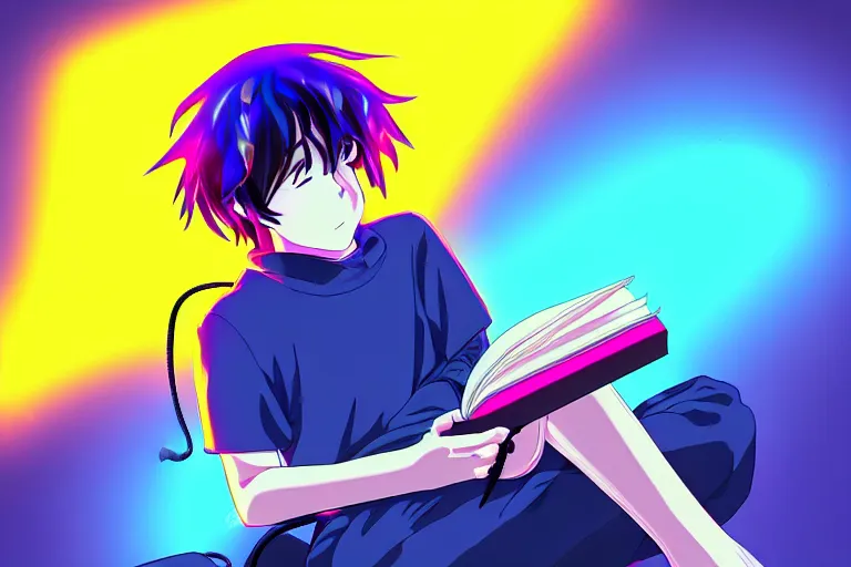 Prompt: an anime boy reading a book, neon, synthwave,