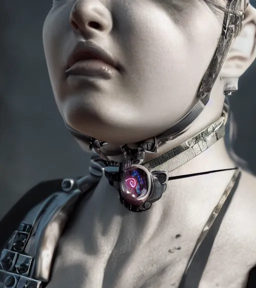 Image similar to detailed realistic female character cyberpunk wearing thick steel collar around neck, realistic, art, beautiful, 4K, collar, choker, collar around neck, punk, artstation, detailed, female, woman, choker, cyberpunk, neon, punk, collar, choker, collar around neck, thick collar, tight around neck, punk,