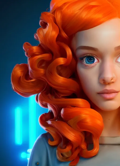 Image similar to glowwave portrait of curly orange hair girl as a agent, au naturel, hyper detailed, digital art, trending in artstation, cinematic lighting, studio quality, smooth render, unreal engine 5 rendered, octane rendered, art style by pixar warner bros dreamworks disney riot games and overwatch