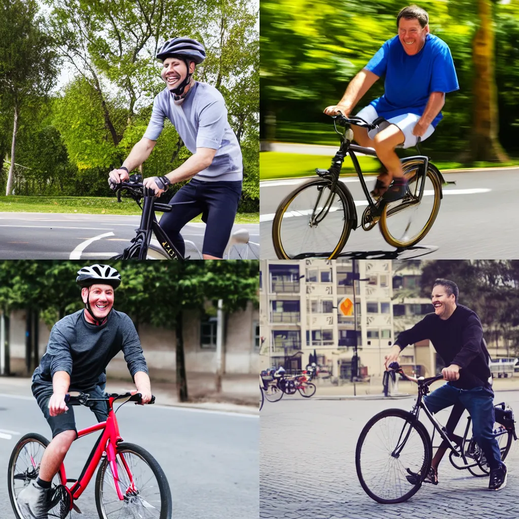 Prompt: A man riding a bicycle action shot, subject is smiling