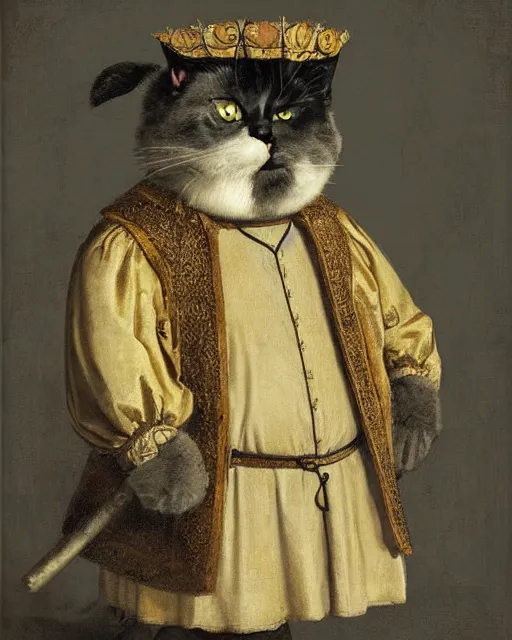 Prompt: cute jolly fat gray cat with yellow eyes wearing tudor period menswear, 1 6 th century royal portrait, greg rutkowski