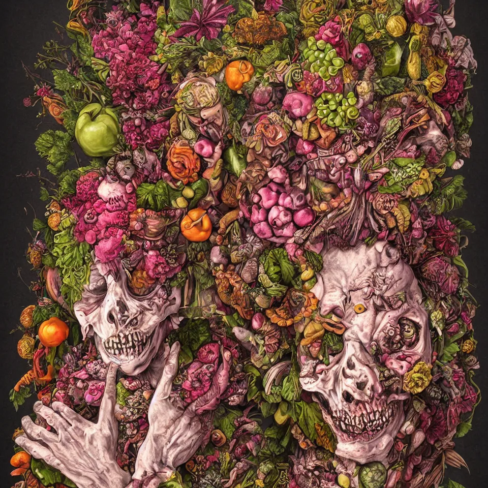 Prompt: hyper-detailed portrait of a zombie punk made out of fruits, vegetables and flowers in the Baroque style of Arcimboldo, cinematic lighting, dull pink background