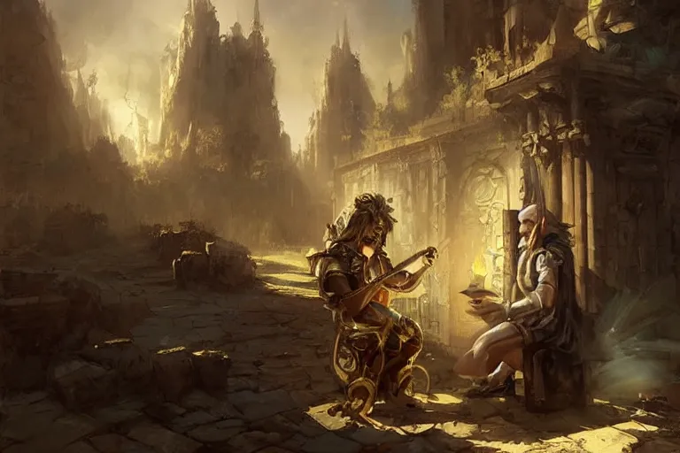 Image similar to an old musician teaching its artificer apptentice a visual melody in the baroque era, hearthstone art style, epic fantasy style art by Craig Mullins, fantasy epic digital art, epic fantasy card game art by Greg Rutkowski