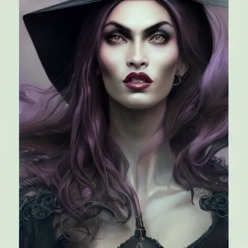 Image similar to an insanely detailed portrait of a beautiful witch that looks like megan fox with long dark purple hair, wearing black witch hat, in the style of peter mohrbacher, artgerm, dramatic lighting and composition, octane render, trending on artstation, concept art 8 k