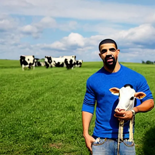 Prompt: drake, with a cow, at a dairy farm