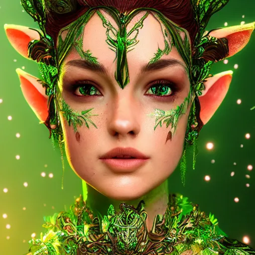 Image similar to portrait elf of the forest, glowing, ornate and intricate green jewelry, jaw dropping beauty, glowing background lighting, green accent lighting, hyper detailed, fairy tale, 4 k octane render