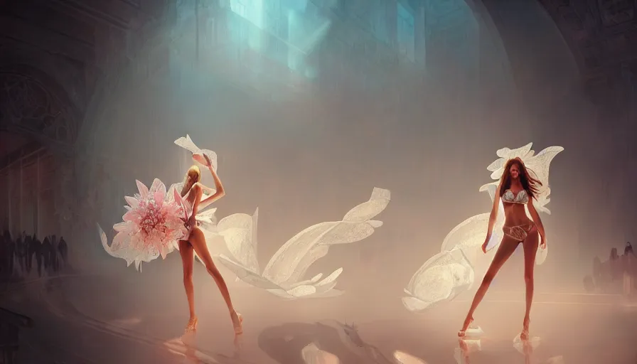 Image similar to victoria secret runway show, light, shadows, reflections, flowers, epic composition, intricate, elegant, volumetric lighting, digital painting, highly detailed, artstation, sharp focus, illustration, concept art, ruan jia, steve mccurry, wlop, artgerm, mina petrovic, timothy kong, marina federovna