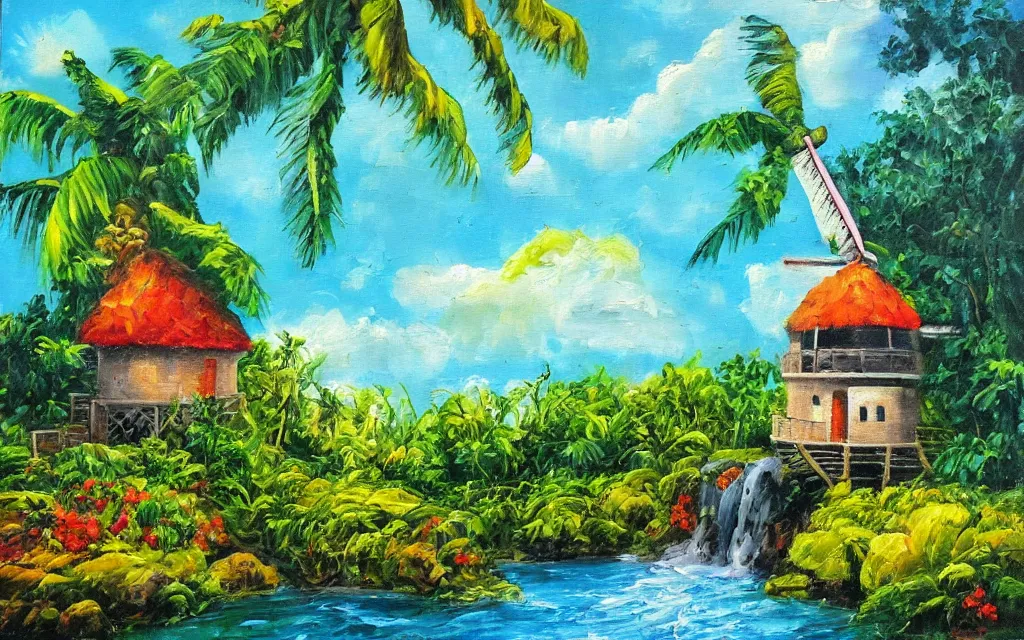 Image similar to an island with a cozy cottage, tropical forest, river, waterfall, windmill, garden courtyard, sunset, puffy clouds, oil impasto painting