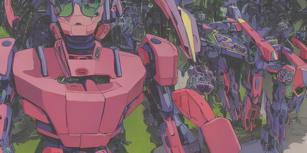 Prompt: risograph grainy painting of gigantic huge evangelion - like gundam mech face with huge earrings and glasses with a lot of details and lasers, covered with plants, by moebius and dirk dzimirsky and satisho kon, close - up wide portrait