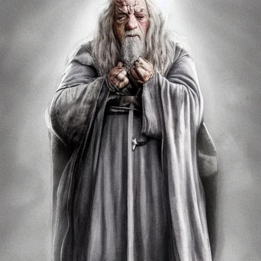 Image similar to danny devito as gandalf the white, lord of the rings movie, full body, high quality, wide angle, illustration, digital art, full color