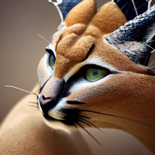 Image similar to caracal, laurel wreath on his head, in laurel wreath, dressed in laurel wreath, has a laurel wreath, fullbody photo, cinematic, high detail, cinematography, vfx, 8 k