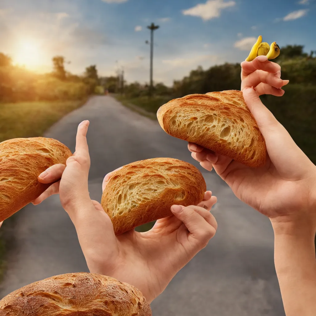 Image similar to a bread and a banana walking hand in hand into the sunset