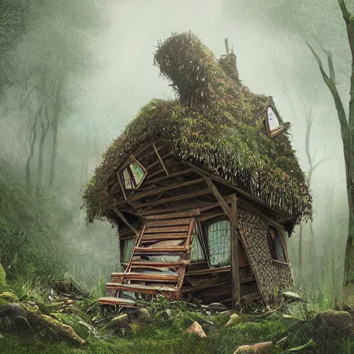 Image similar to Ultra realistic illustration of a ramshackle multistory fairytale hut in the forest