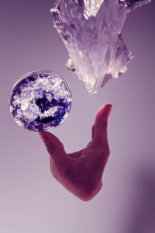 Prompt: very beautiful crystal and geode, shaped like a hand, refraction, cinematic color grading, hyperrealism, elegant, detailed, octane render, 8 k