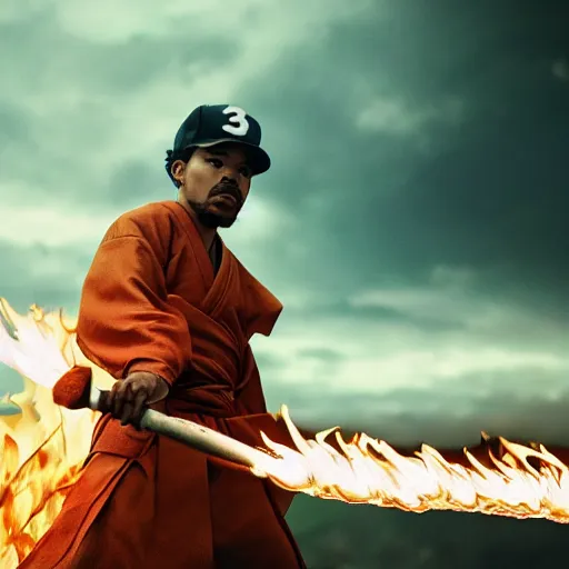 Image similar to cinematic film still of Chance The Rapper starring as a Samurai holding fire, Japanese CGI, VFX, 2022, 40mm lens, shallow depth of field, film photography