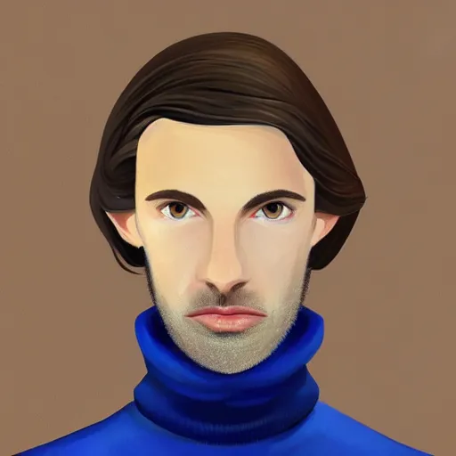 Image similar to gangly man with short dark blond wavy hair, dark blond short beard, no mustache, English heritage, blue eyes, middle aged, wearing a turtleneck and jacket, pale skin, narrow face, digital art, painterly, cartoon, cute, 8k, illustration, art by loish, painterly, trending on artstation, medium shot, uncropped