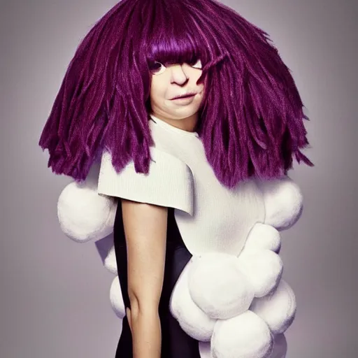 Prompt: Sia furler photoshoot wearing a dress full body puffy wig