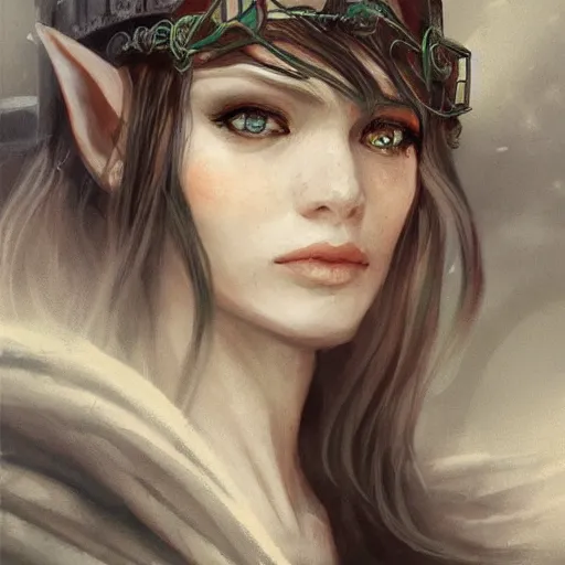 Image similar to beautiful realistic portrait of a female elf wizard, focus on face, fantasy, medieval, elegant, soft, intricate details, cinematic, trending on artstation, in the style of D&D