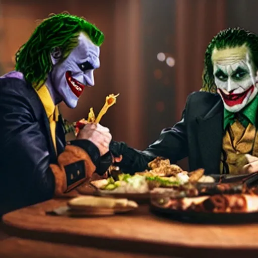 Prompt: A still of Batman and The Joker having dinner together, 4k, ultra realistic, detailed