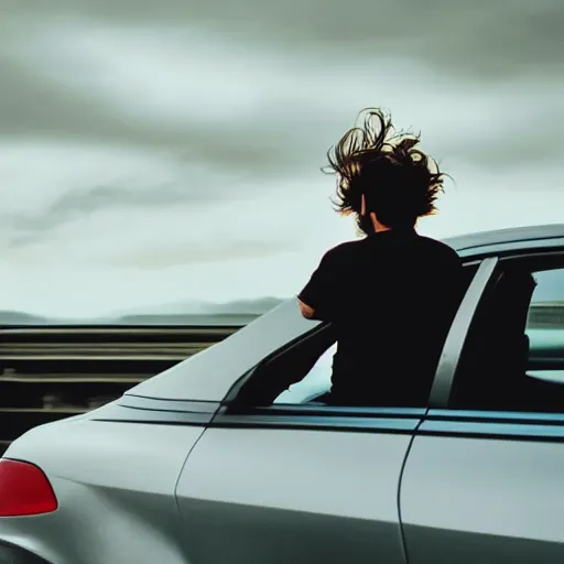 Prompt: a cinematic shot of a grown boy from behind his back looking out of his car window and his long hair flowing due to the wind, sky is orangish outside