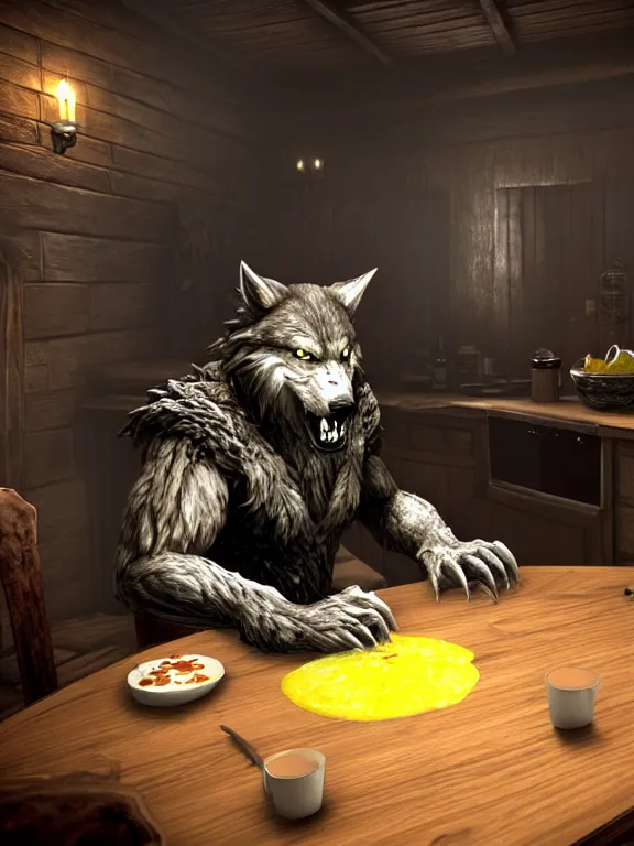 Image similar to cute handsome cuddly burly surly relaxed calm timid werewolf from van helsing sitting down at the breakfast table in the kitchen of a normal suburban home staring longingly at a delicious cupcake with orange frosting unreal engine hyperreallistic render 8k character concept art masterpiece screenshot from the video game the Elder Scrolls V: Skyrim