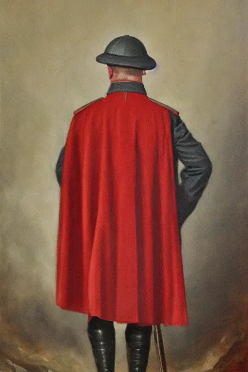 Image similar to ww 1 general wearing drab grey uniform, long red heroic cape on his back, oil on canvas