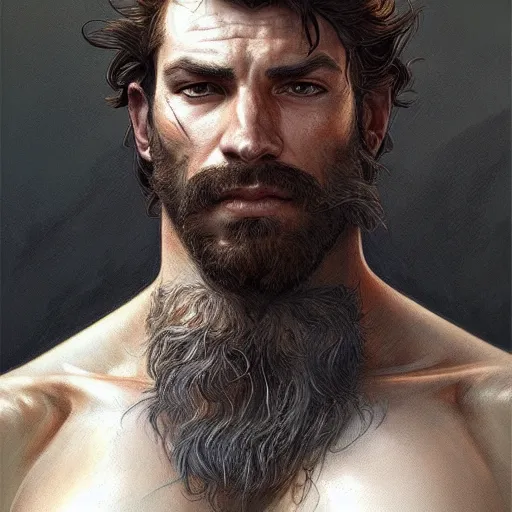 Image similar to portrait of a rugged ranger, muscular, upper body, hairy torso, D&D, fantasy, intricate, elegant, highly detailed, digital painting, artstation, concept art, matte, sharp focus, illustration, art by Artgerm and Greg Rutkowski and Alphonse Mucha