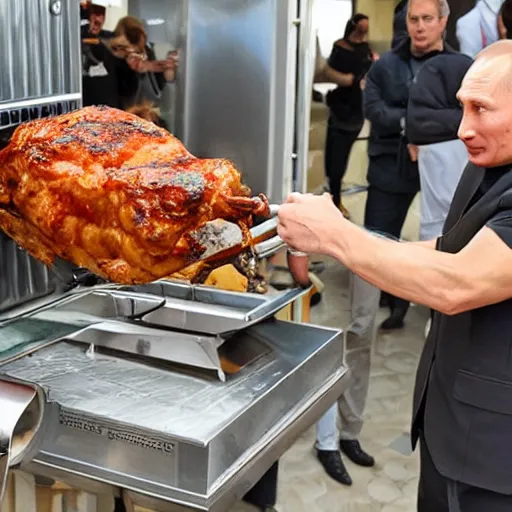 Prompt: Vladimir Putin being cooked on a rotisserie in Spain