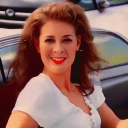 Image similar to vintage 90s VHS video still of a woman on a commercial promoting a new 90s car, realistic photo