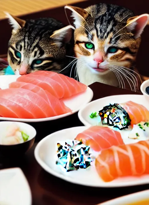 Prompt: clear photograph of cats eating sushi