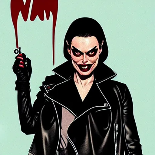 Prompt: Rafael Albuquerque art, Norman Rockwell, pretty Margot Robbie vampire, sharp teeth evil smile, holding HK pistol in hand, symmetrical face symmetrical eyes, leather jacket, jeans, hands with five fingers, realistic hands