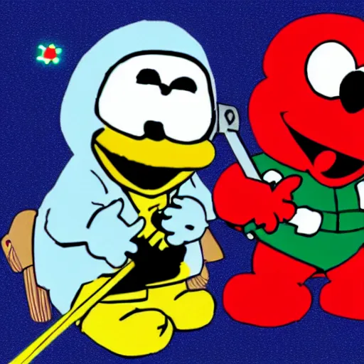 Image similar to sans from undertale fighting elmo, elmo holds a gun