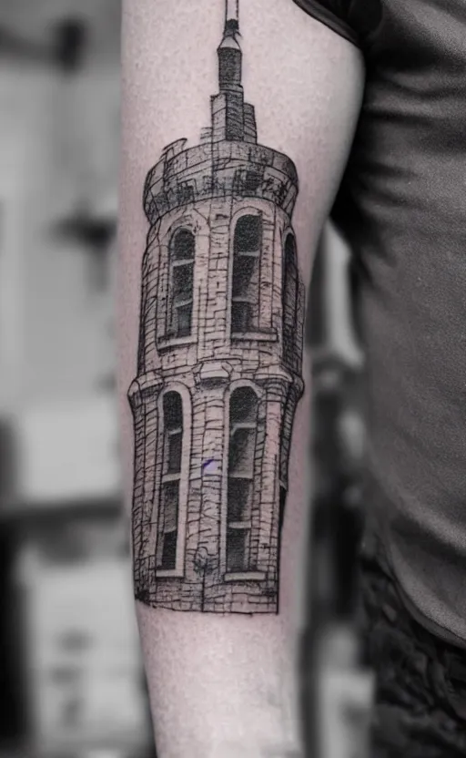 Prompt: a tattoo of an old man wearing a hat on top of a tower, ultra detailed, tattoo, 8 k