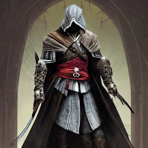 Image similar to an ultra detailed vector image of ezio auditore dressed as the hunter from bloodborne, concept art by alphonse mucha and greg rutkowski, praise the blood moon, octane render, liminal space