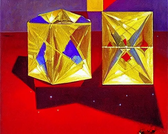 Image similar to painting by john singer sargent. hypercubes, tesseracts, three dimensional shadows of higher dimensional objects. diamonds and gold and bright red streaks of light. john singer sargent art style