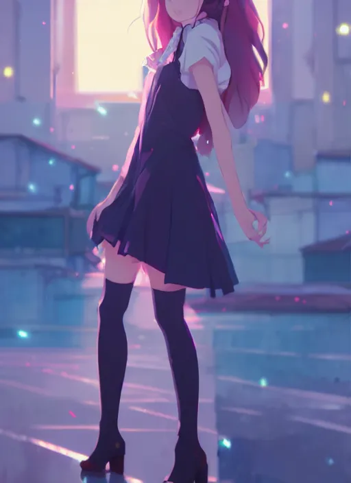 Prompt: portrait of cute girl in sexy clothes, night city background illustration concept art anime key visual trending pixiv fanbox by wlop and greg rutkowski and makoto shinkai and studio ghibli and kyoto animation